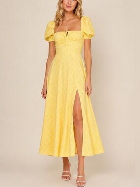 House of CB Tallulah Yellow Floral Puff Sleeve Midi Dress Size S 25856